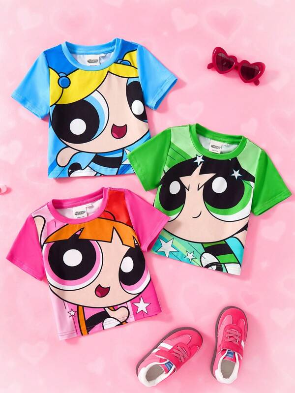 THE POWERPUFF GIRLS X SHEIN Baby Girl Cartoon Cute Blue, Pink, Green Blossom, Bubbles, Buttercup Pattern Short Sleeve T-Shirt