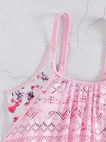 Swim Lushoire Bộ 2 áo tankini họa tiết hoa mùa hè cho nữ, áo lưới kiểm soát bụng và quần short hipster, áo vest, bikini dây - Hồng - Xem 7
