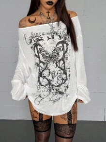 Coolane 女式春季哥特垃圾摇滚 Y2K 丘比特图案舒适不对称领口露肩长袖 T 恤，X Rafael Machado