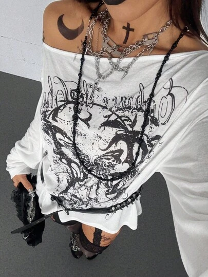 Coolane 女式春季哥特垃圾摇滚 Y2K 丘比特图案舒适不对称领口露肩长袖 T 恤，X Rafael Machado
