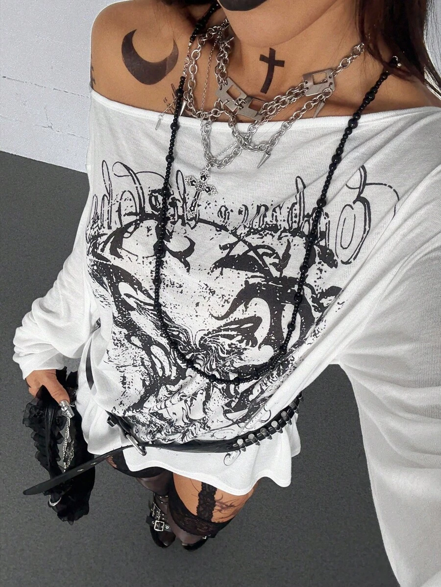 Coolane 女式春季哥特垃圾摇滚 Y2K 丘比特图案舒适不对称领口露肩长袖 T 恤，X Rafael Machado