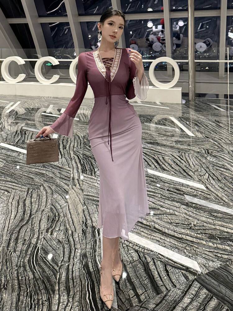 Women's V-Neck Tie-Up Ombre Color Block Mid-Length Dress, Autumn,Fall Women Clothes Long Sleeve Dress Carnival Maxi Dress