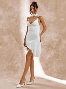 SHEIN BAE Robe moulante blanche sexy à col V profond, ourlet asymétrique en forme de ligne A, robe blanche élégante de graduation - Blanc - Voir 5