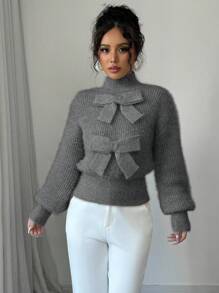 Elenzga Áo len cổ đứng màu trơn thanh lịch dành cho nữ có trang trí nơ, áo chui đầu dệt kim thu/đông - Xám - Xem 6
