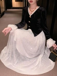 DAZY Robe longue élégante pour femmes avec patchwork en maille et décoration de boutons, robe de soirée, robe maxi - Noir et Blanc - Voir 3