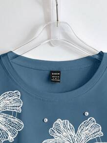 GlowEve 女士夏季针织弹力圆领插肩短袖串珠镂空花卉休闲T恤