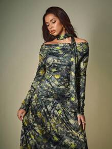 ORANGE STUDIO Women's Long Dress With Autumn Leaf Camouflage Pattern, Winter Long Sleeve Maxi Dress Women Green Floral Dress Women Floral Maxi Dress Printed Maxi Dress Long Sleeve Floral Dress - Army Green - View 6