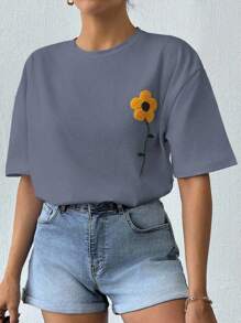 EURMUSE 100%Cotton Summer Flower Flocking White T-Shirt - Grey - View 7