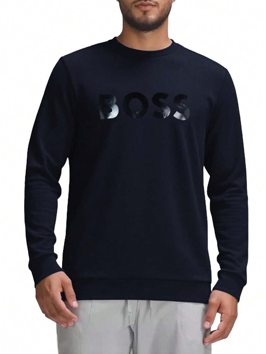 Hugo Boss Áo nỉ chui đầu dài tay cổ tròn thường ngày rộng rãi cho nam - 402 Xanh đậm - Xem 1