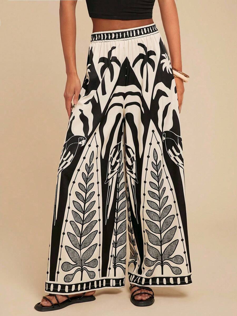 SHEIN Tween Girl 碎花宽松休闲度假裤 - 米色 - 查看 1