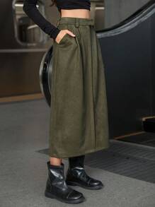 GENKIRA Váy dài vừa phải xếp ly giả cao cấp phong cách Âu Mỹ thanh lịch dành cho nữ - Màu xanh Ô liu - Xem 1