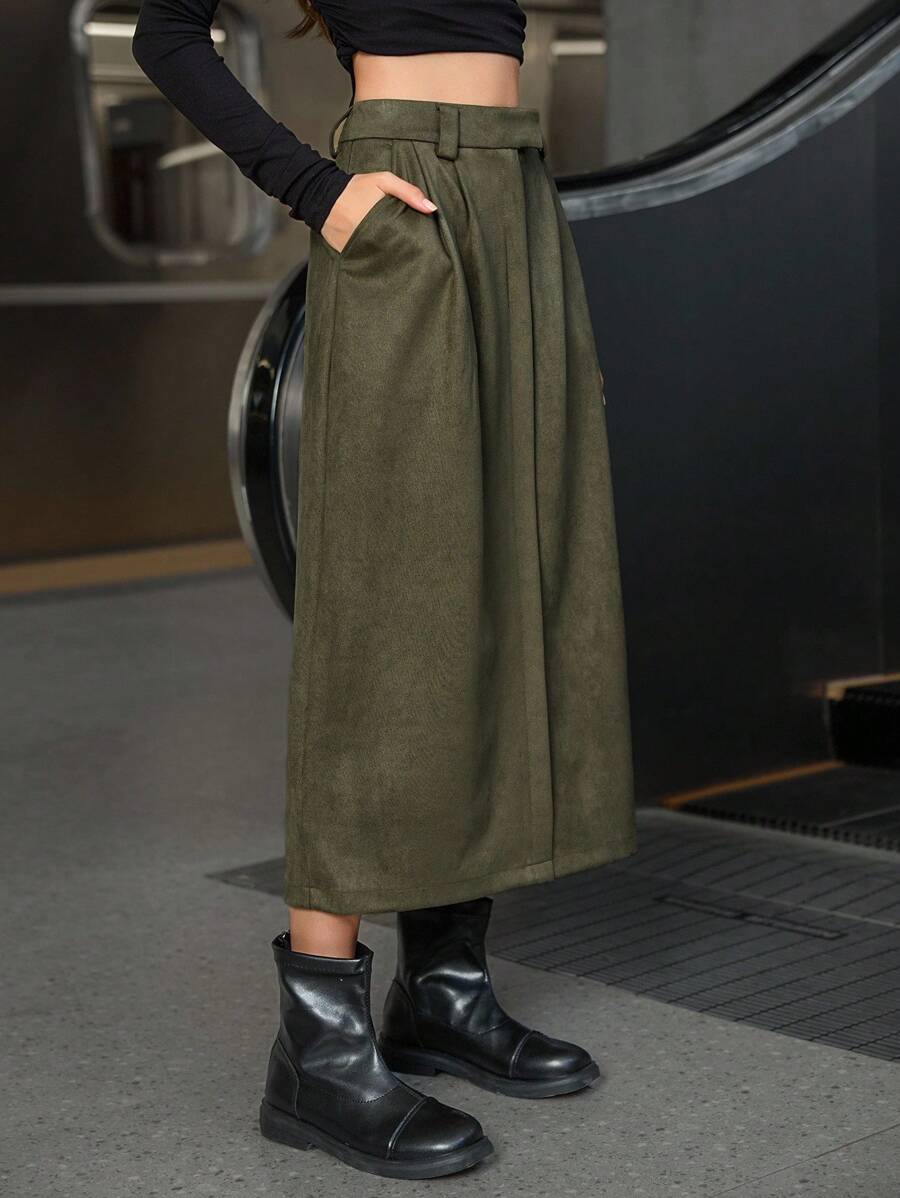 GENKIRA Váy dài vừa phải xếp ly giả cao cấp phong cách Âu Mỹ thanh lịch dành cho nữ - Màu xanh Ô liu - Xem 1