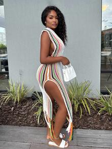 Alexandranx Halter Neck Knit See-Through Dress Maxi Women Outfit - White - View 4