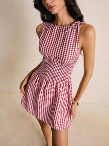 Poéselle 女式休闲格子束腰迷你连衣裙，肩部系带，夏季 - 紅白色 - 查看 3