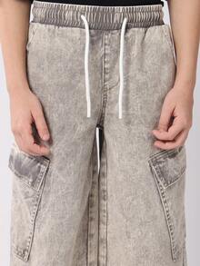 SUMWON 宽腿斜口袋工装裤溜冰风格街头时尚宽松牛仔裤儿童青少年流行休闲裤日常舒适秋冬 - 灰色 - 查看 5