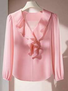 Franclia 优雅修身款前开襟长袖金色纽扣流星图案粉色衬衫，适合春秋季穿着，粉色长袖上衣，商务休闲女式衬衫，纽扣衬衫，商务休闲女式外出上衣，秋季女装，全白休闲春季大学风 - 粉色 - 查看 1