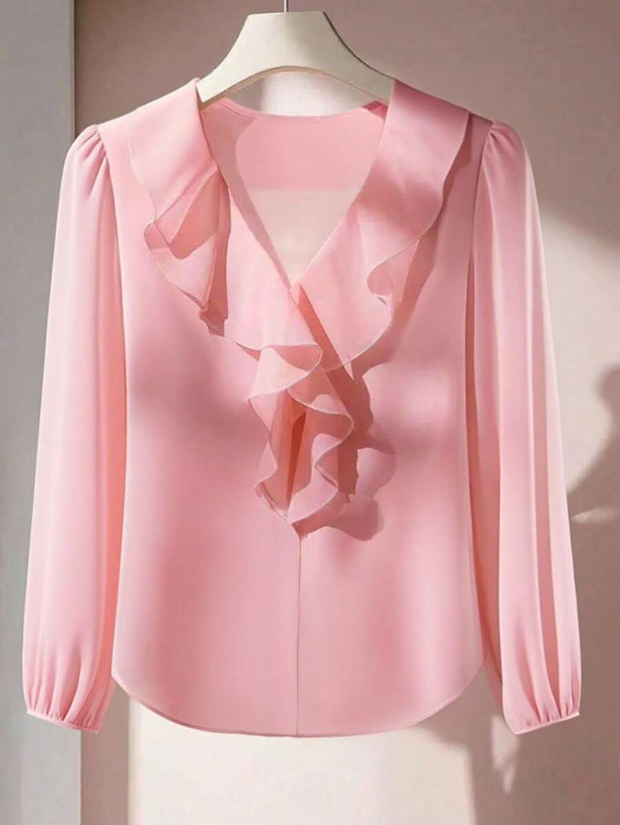 Franclia 优雅修身款前开襟长袖金色纽扣流星图案粉色衬衫，适合春秋季穿着，粉色长袖上衣，商务休闲女式衬衫，纽扣衬衫，商务休闲女式外出上衣，秋季女装，全白休闲春季大学风 - 粉色 - 查看 1