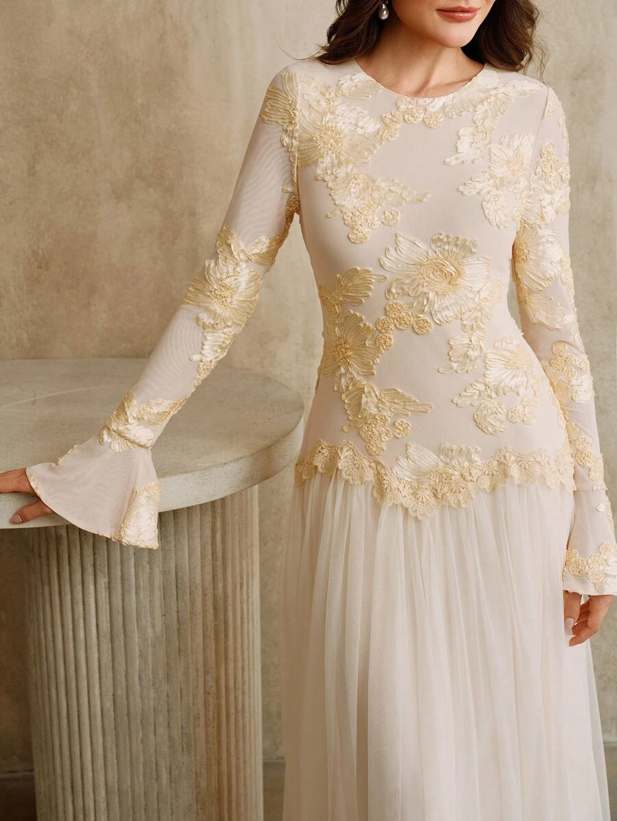 Anewsta Váy dài chắp vá thanh lịch ôm vừa vặn dành cho nữ, thích hợp cho các buổi hẹn hò, tiệc tùng - Màu be - Xem 1