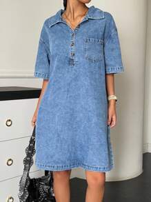 SHEIN Sukienka koszulowa z krótkim rękawem w kolorze niebieskim, workowatym i luźnym, z miękkiego i uroczego jeansu dla nastolatek, letnie stroje na brunch i ukończenie szkoły, wakacyjne stroje dla nastolatek/na plażę w stylu boho, strój na koncert country/rave, odpowiednie na co dzień, w podróż, na zewnątrz, do domu, na brunch, przyjęcie herbaciane, dojazdy do pracy, na lotnisko, jesienne stroje dla nastolatek, ubrania na powrót do szkoły w stylu preppy - Średni jeans - Zobacz 4