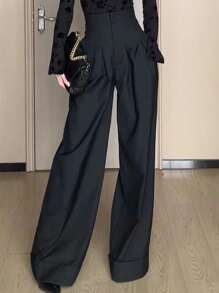 Rafferiza Solid Color High Waist Pleated Wide Leg Pants With Slanted Pockets Fall Cloth For Women - Black - View 1