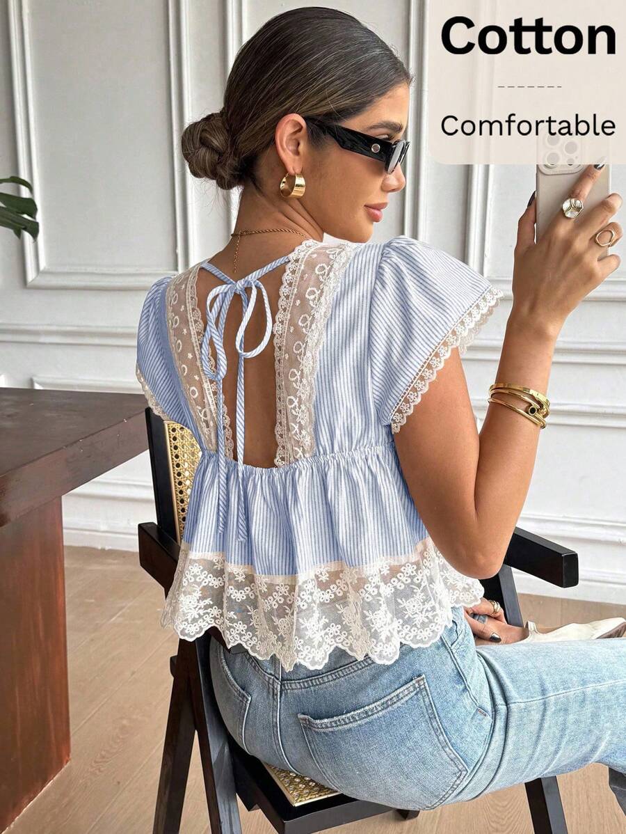 Serisse Áo cánh hở lưng cổ chữ V phối ren kẻ sọc dành cho nữ - Màu xanh lam - Xem 1