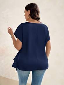 SHEIN Clasi 大码女式纯色圆领蝙蝠袖短袖侧系带时尚衬衫