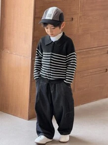 SHEIN 男童休闲黑白条纹前拉链针织夹克 - 黑與白 - 查看 6