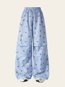 SHEIN Teen Girl Casual Fashion Woven Digital All-Over Checkerboard Cherry Print Pleated Waist Drawstring Comfortable Pants - Blue and White - View 3