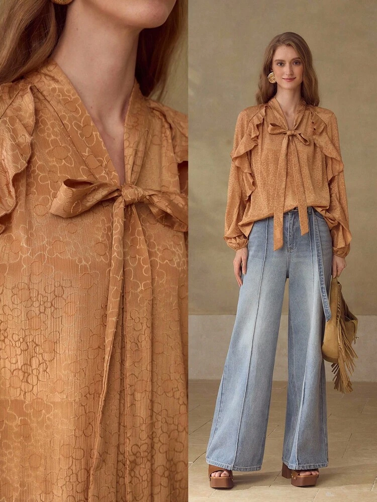 RUFFLED JACQUARD KNOT BLOUSE