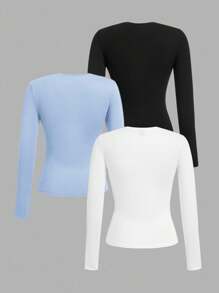 SHEIN EZwear 3 件套女士圆领休闲紧身长袖 T 恤套装（黑、白、蓝），适合秋冬季 - 彩色 - 查看 2
