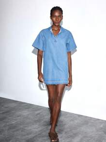 Maija 女士休闲宽松日常简约短袖牛仔连衣裙 - 淺色水洗藍 - 查看 4