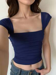 SHEIN Tween Girl Casual Elegant Solid Color Crew Neck Ruched Puff Sleeve Fitted Mesh Splice Camisole Top T-Shirt, Suitable For Back To School, Graduation, Halloween Party Navy Blue Crop Top Square Neck Crop Top Tween Girl Crop Tops Tube Top Blue Tube Top