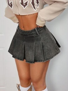 SHEIN PETITE 女式褶皱短款休闲牛仔迷你裙 - 黑色 - 查看 5