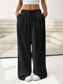 SHEIN EZwear 大码女式休闲纯色抽绳腰宽松阔腿裤 - 黑色 - 查看 3