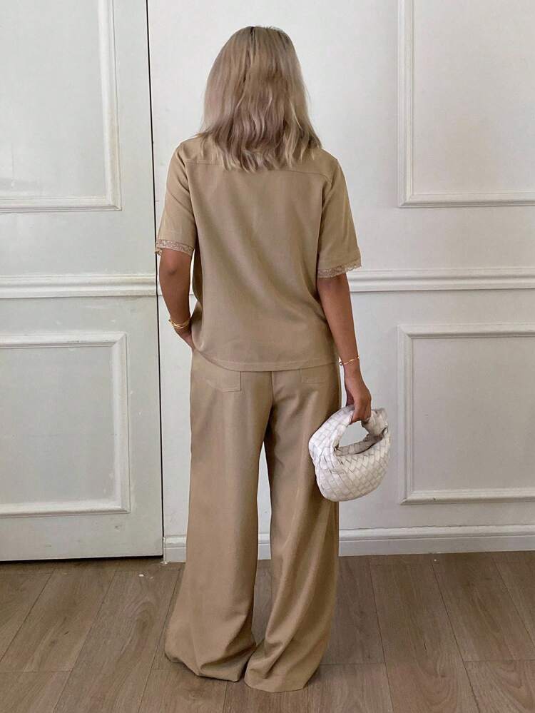 2pcs Women's Casual Lace Trim Blouse And Wide Leg Pants Set