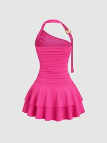 SHEIN Unity Thiết kế mới Halter Spiral Gold Decor Cinched Waist Cake Skirt Hem Mini Dress dành cho nữ - Màu Hồng Tươi - Xem 2