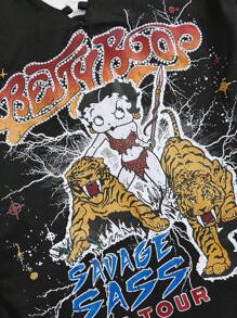 Betty Boop | ROMWE Y2K 老虎与卡通人物图案迷你连衣裙 - 黑色 - 查看 5