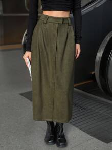 GENKIRA Váy dài vừa phải xếp ly giả cao cấp phong cách Âu Mỹ thanh lịch dành cho nữ - Màu xanh Ô liu - Xem 3