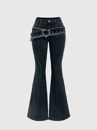 Grunge Punk Cinturón de flecos con hebilla metálica con forma de corazón en estilo retro Y2K y jeans acampanados para mujer, para escuela, botón casual de señora, recorte, cremallera de talle caído, pierna acampanada, azul largo, ajustado, para uso casual diario en primavera/otoño