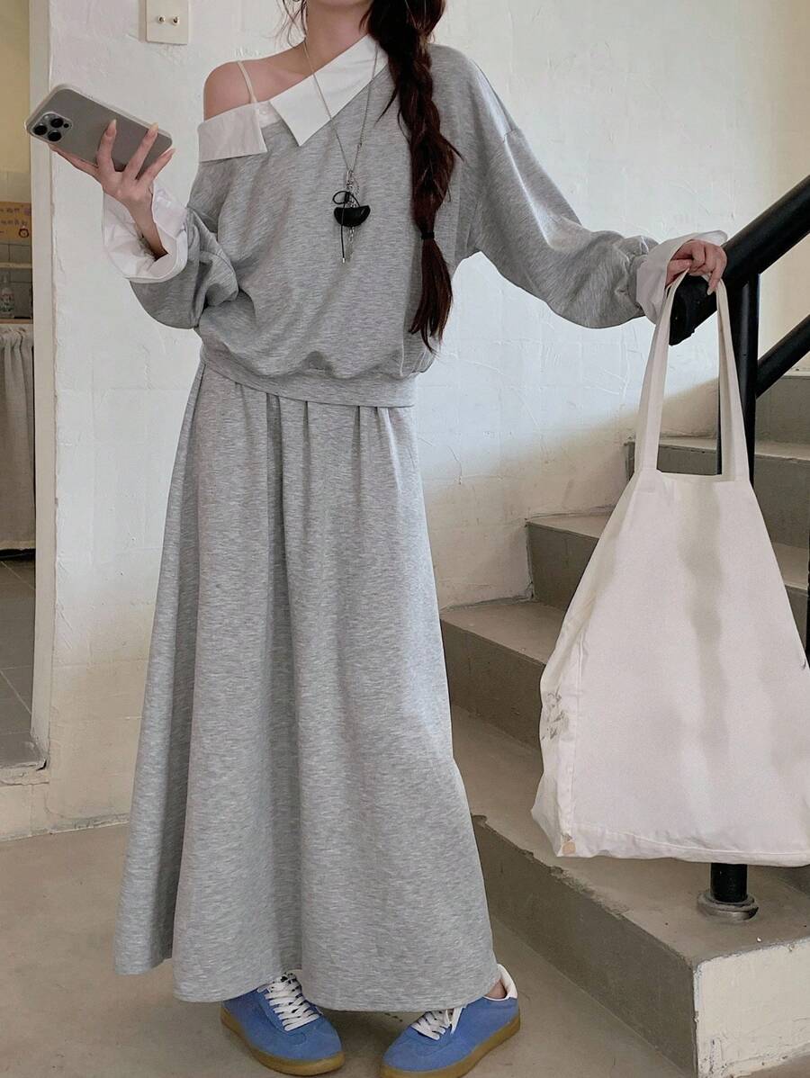 DAZY 女士不对称领长袖卫衣半裙两件套，秋冬款 - 深灰色 - 查看 1