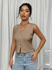 Elenzga Áo len cardigan dáng ôm không tay cổ chữ V sâu phong cách Âu Mỹ mới 2024 dành cho nữ - Màu Khaki - Xem 3