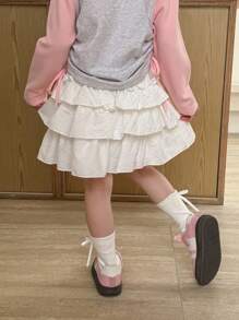 SHEIN Little Byeori 少女甜美可爱层叠荷叶边下摆半身裙 - 白色 - 查看 2