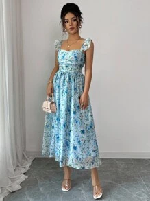 Elenzga 女士浪漫度假连衣裙，碎花细肩带荷叶边露背连衣裙，夏季 - 藍色 - 查看 6