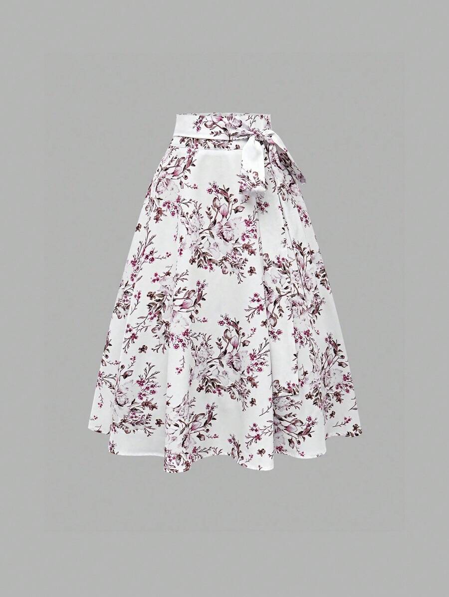 Franclia Women's Floral Print Twist Waist Elegant A-Line Skirt - White - View 1
