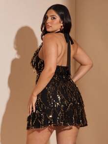 SHEIN BAE 大码女式亮片迷你连衣裙、毕业季、派对鸡尾酒会礼服、流苏亮片连衣裙 - 黑色 - 查看 2