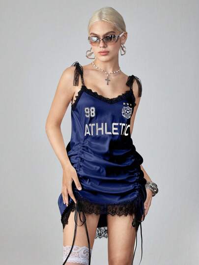 ROMWE Avant فستان قصير للنساء بأكمام منتفخة وسحاب مع تطريز دانتيل بطراز Y2K