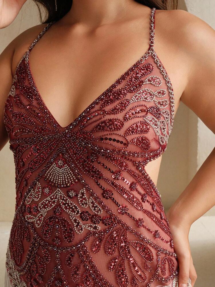 Vestido Formal Elegante com Lantejoulas e Franjas Decotado nas Costas para Mulheres Plus Size, Adequado para Gala