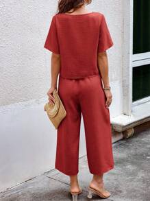 SHEIN LUNE 2pcs Women Bohemian Style Patchwork Short Sleeve Set - Redwood - View 2