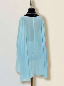 SHEIN ICON Women's Blue Loose Vacation Casual Shawl Top With Multi-Wear Style, Asymmetric Neckline, Open Back, And Tie Strap - Blue - View 7