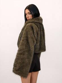 SHEIN Tall 女式复古风格前开仿毛领大衣，冬季时尚外套 - 棕色 - 查看 2